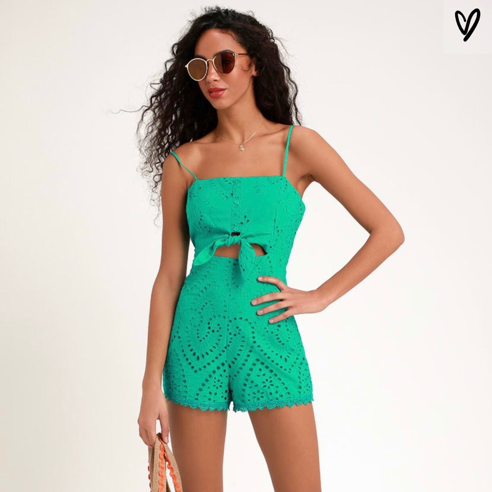 Lulu’s Keala Green Tie-Front Eyelet Lace Romper